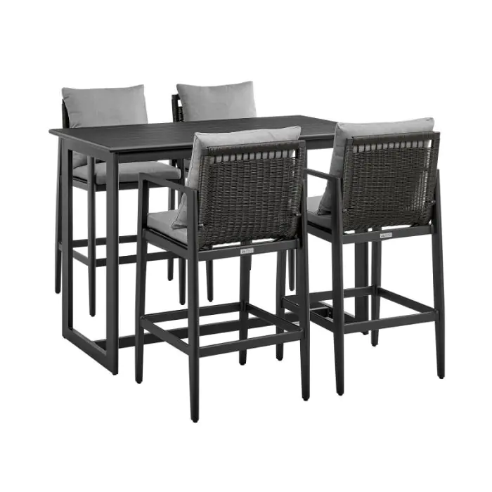 Armen Living Grand Outdoor Patio 5 Piece Bar Table Set in Aluminum with Grey Cushions ARMENO5 Barbeques Galore